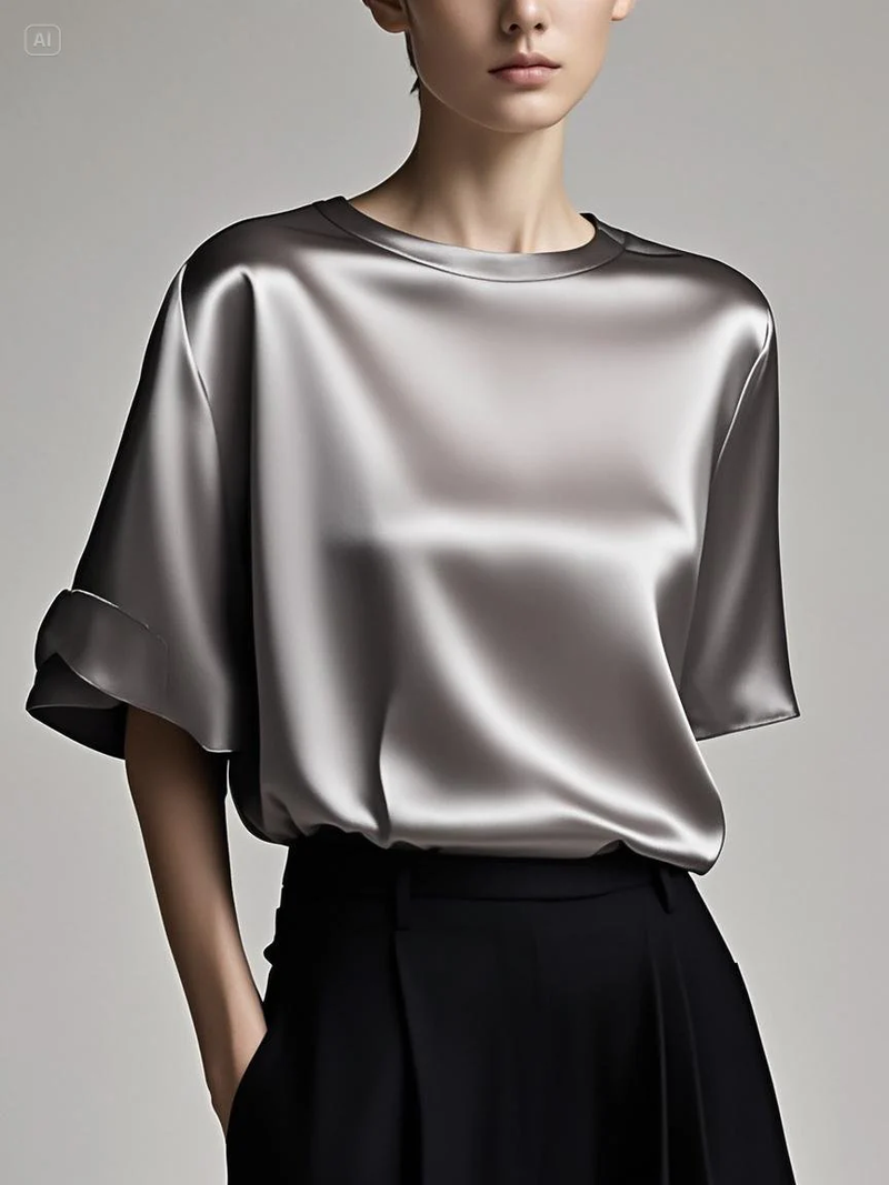 Fitted Pink Patchwork Silk Top Summer Short Sleeve