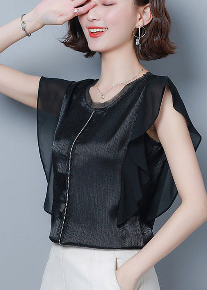 French Black O-neck Patchwork Ruffles Silk Blouse Top Summer
