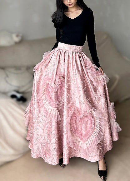 Pink Exra Large Hem Patchwork Heart-shaped Silk Party Skirts Spring