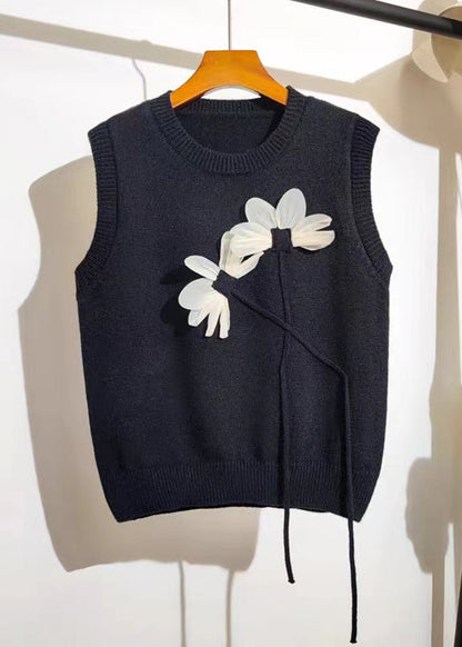 Stylish Black O Neck Patchwork Knit Vest Tops Sleeveless