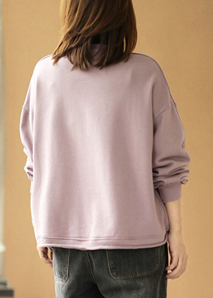 Grey Purple Loose O-neck Pockets Fall Loose Sweatshirt