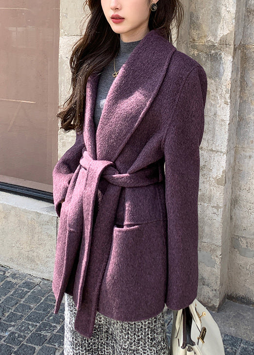 Handmade Purple Peter Pan Collar Pockets Tie Waist Wool Coat Winter