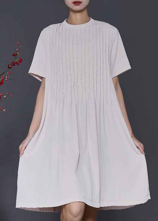 Apricot O-neck Wrinkled Cotton Dresses Summer
