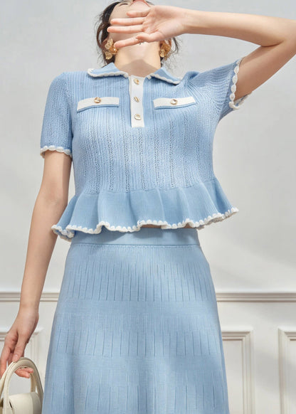 Fitted Blue Patchwork Button Knit Shirt and Skirts Two Pieces Set Short Sleeve