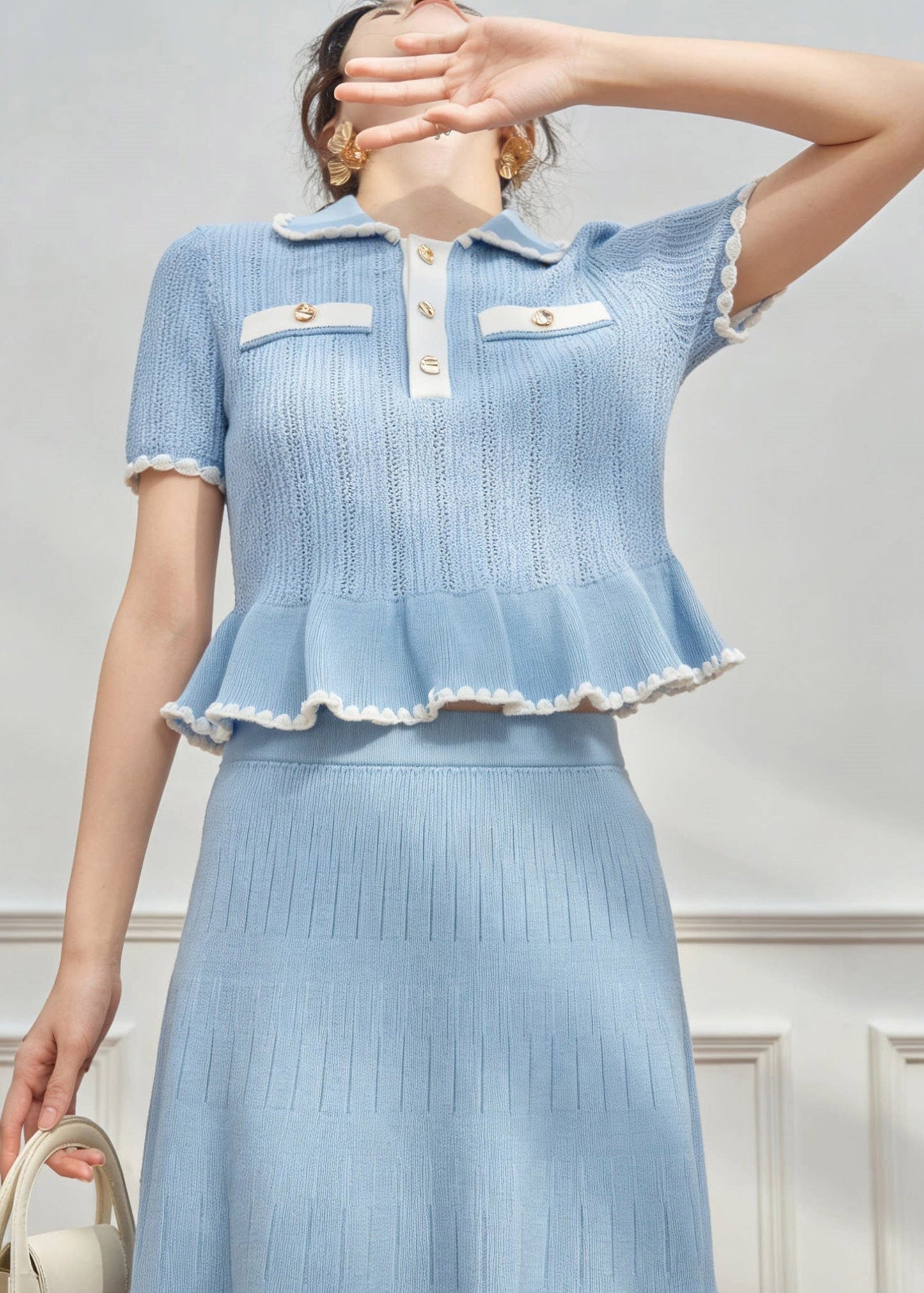 Fitted Blue Patchwork Button Knit Shirt and Skirts Two Pieces Set Short Sleeve
