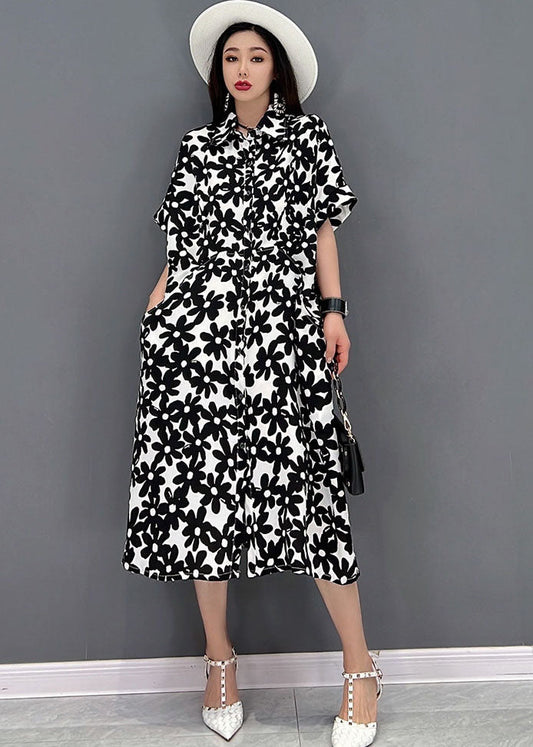 Black Print Cotton Long Dresses Turn-down Collar Short Sleeve