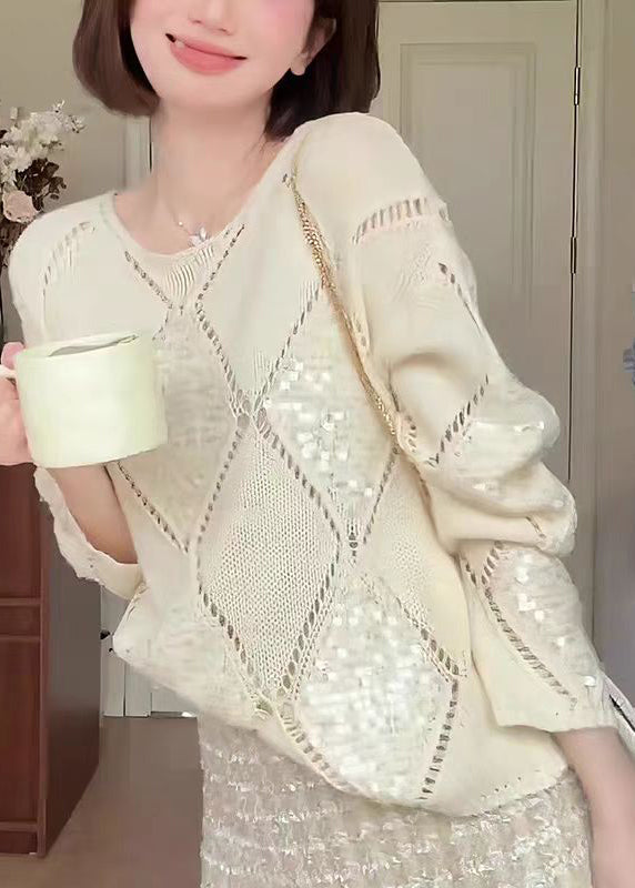 Apricot O Neck Hollow Out Sequins Knit Sweater Fall