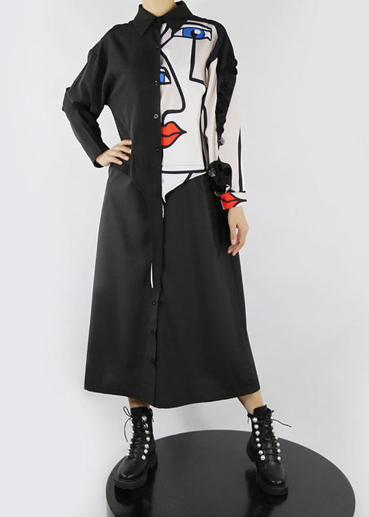 Black Peter Pan Collar Button Print Shirt Dress Spring
