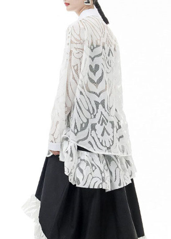 White Lace Shirts Hollow Out Asymmetrical Design Spring