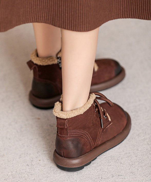Khaki Cowhide Leather Boots Lace Up Fuzzy Wool Lined