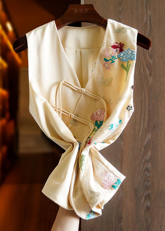 Apricot V Neck Embroideried Button Patchwork Tulle Waistcoat Sleeveless