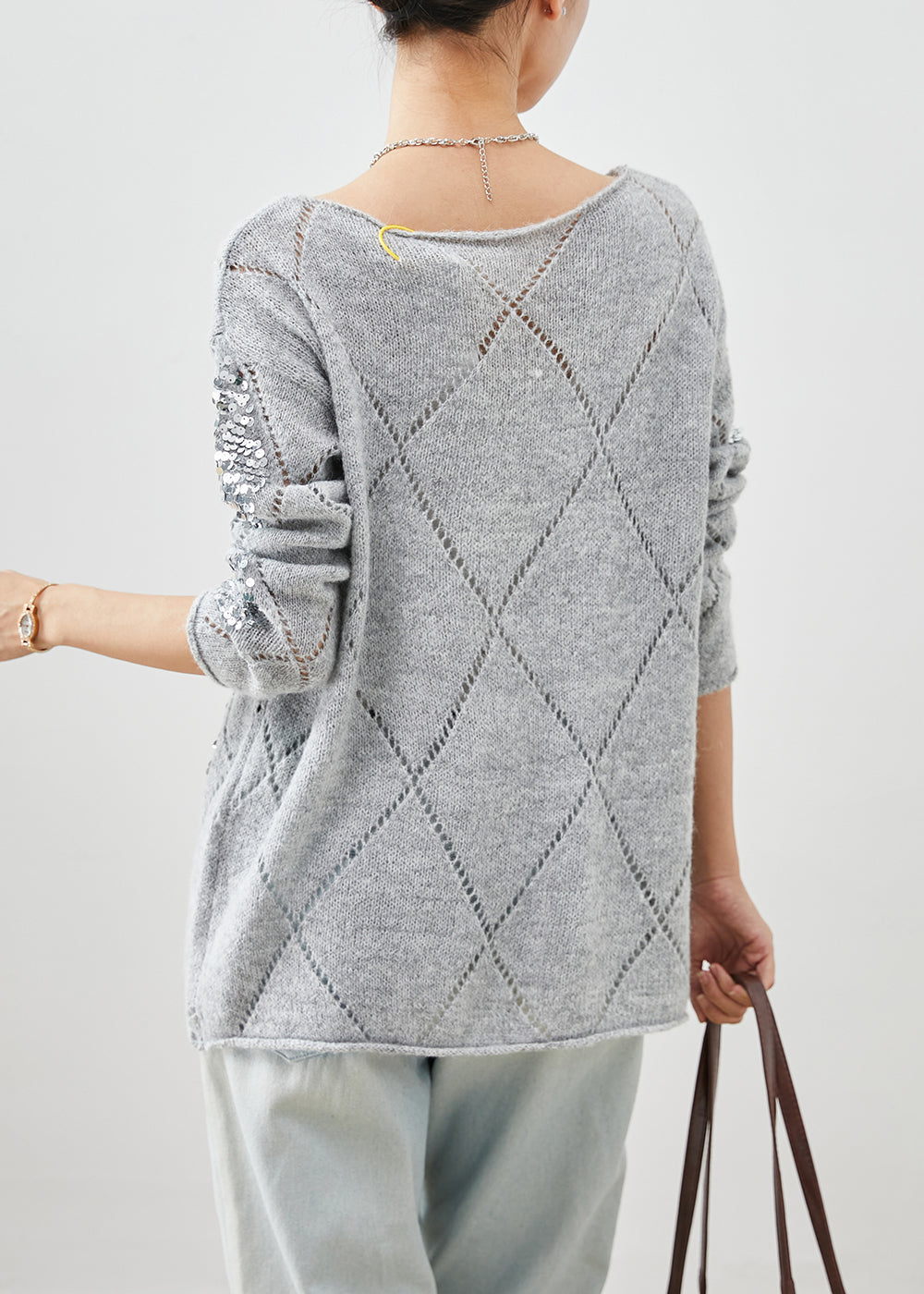 Grey Sequins Warm Knit Short Sweater Winter
