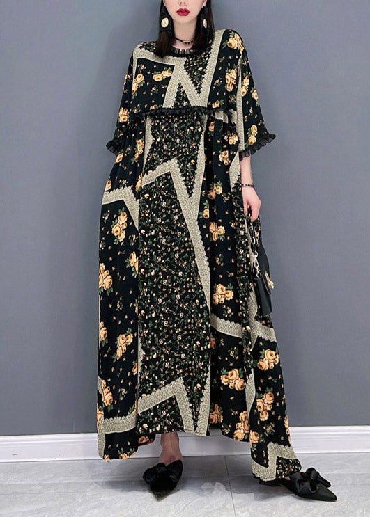 French O-neck Print Ruffled Patchwork Beach Long Dresses Half Sleeve