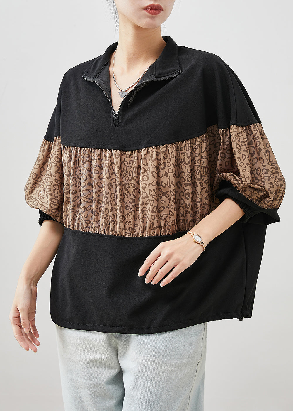 Classy Black Oversized Patchwork Leopard Cotton Sweatshirt Spring