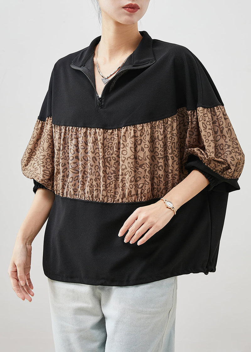 Classy Black Oversized Patchwork Leopard Cotton Sweatshirt Spring