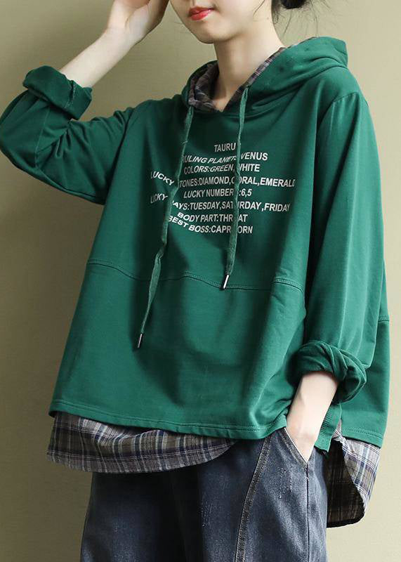 Classy Green Hooded Drawstring Graphic Fake Two Piece Sweatshirts Top Spring