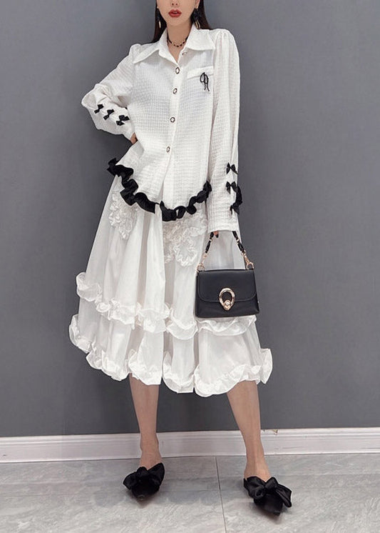 White Embroideried Ruffled Tulle Patchwork Chiffon Dress Two Pieces Set Spring