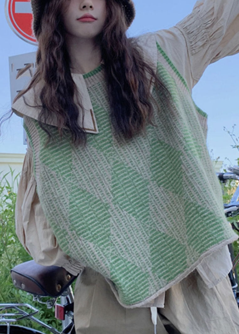 Loose Green Plaid Print Knit Waistcoat and Shirts Two Pieces Set Fall