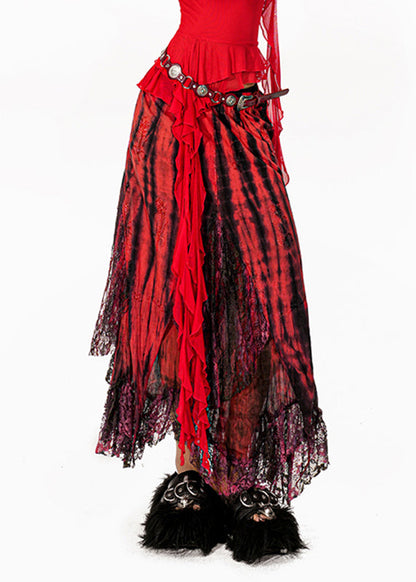 Red Tie Dye High Waist Lace Maxi Skirts Summer