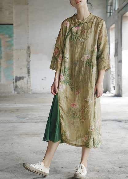 Light Green Mandarin Collar Print Patchwork Linen Dress Three Quarter Sleeve