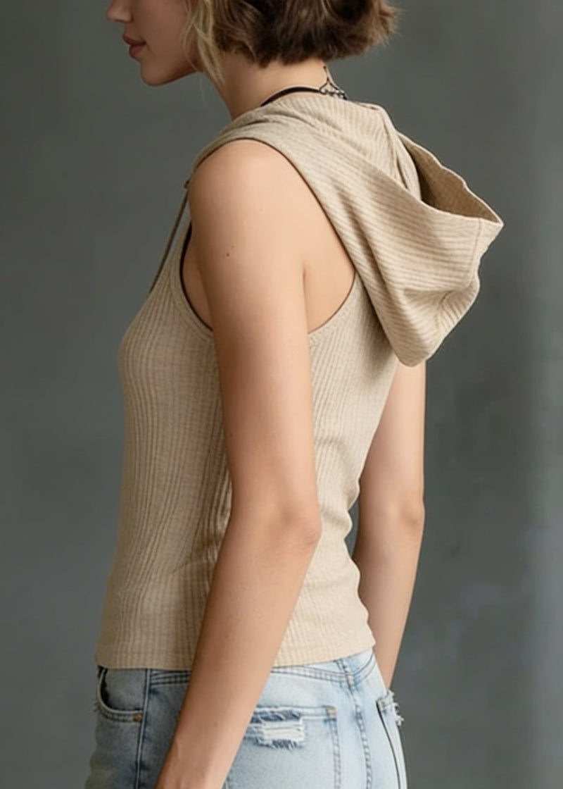Khaki Cotton Knit Hooded Blouses Sleeveless
