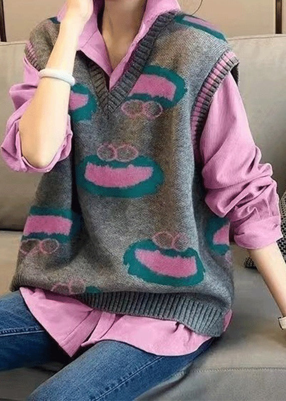 French Rose Peter Pan Collar Shirts and Vest Knit Two Pieces Set Fall