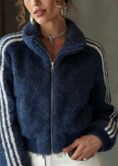 Blue Stand Collar Zip Up Striped Faux Fur Jackets Spring