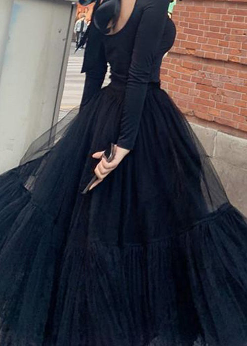 Italian Black High Waist Tulle Skirt Spring