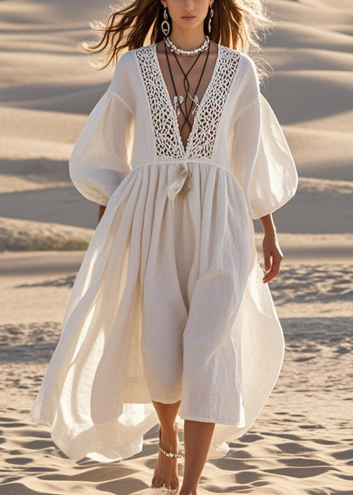 White V Neck Patchwork Cotton Long Dresses Lantern Sleeve Summer