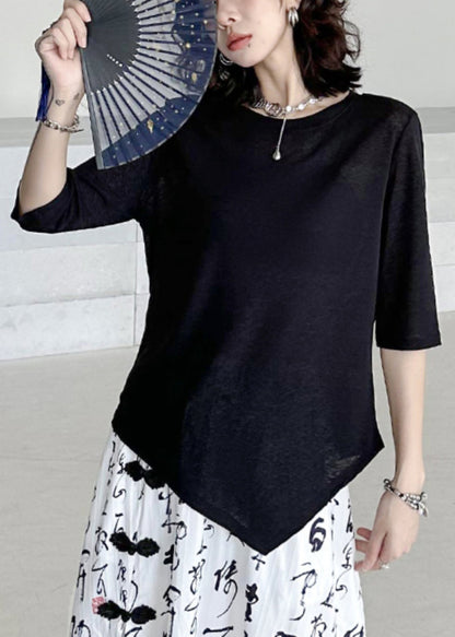 Black O-neck Asymmetrical Patchwork Cotton T Shirt Half Sleeve