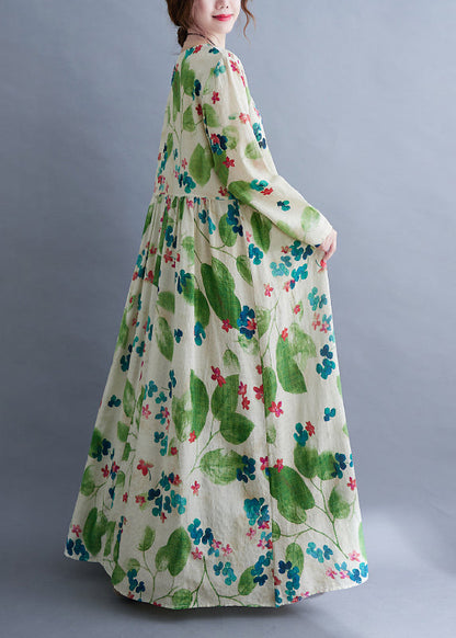 Green O-neck Cinched Print Long Dress Long Sleeve