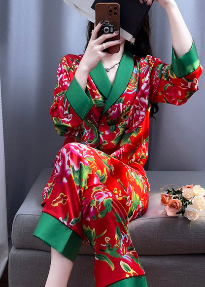 Red V Neck Print Top and Pants Silk Two Pieces Set Long Sleeve
