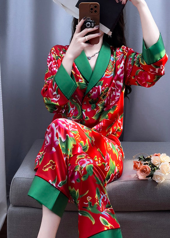 Red V Neck Print Top and Pants Silk Two Pieces Set Long Sleeve