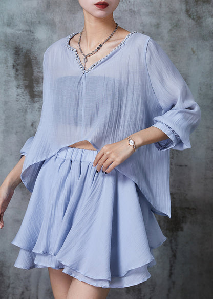 Diy Blue Low High Design Cotton Two Pieces Set Summer
