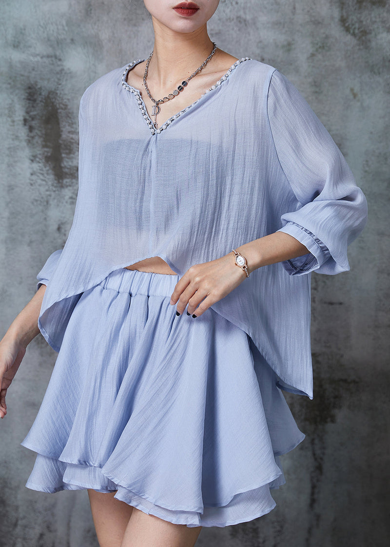 Diy Blue Low High Design Cotton Two Pieces Set Summer