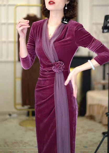 Chinese Style Purple V Neck Wrinkled Rose Silk Velour Long Dress Winter