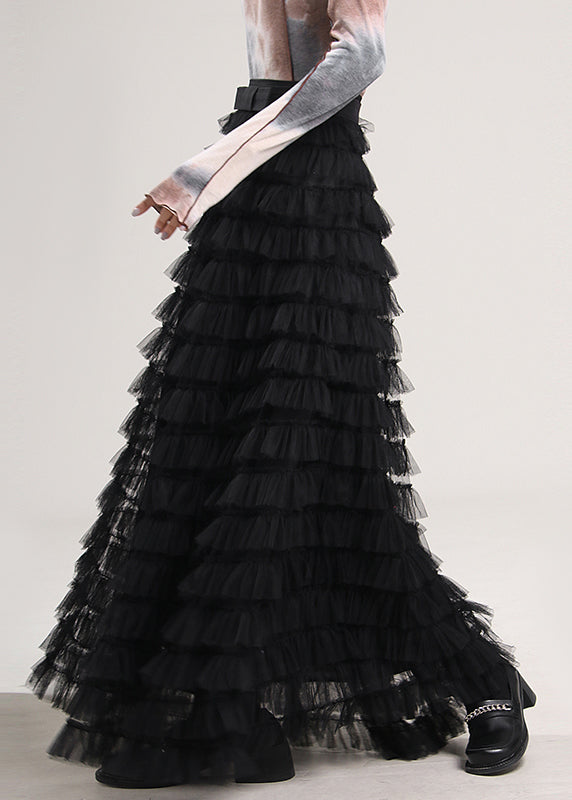 Black Patchwork Tulle Skirt Spring