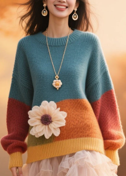 Colorblock O Neck Knit Pullover Fall