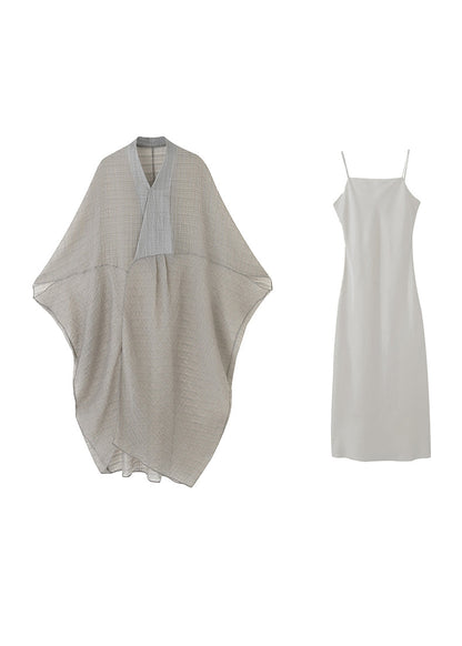Grey V Neck Patchwork Cotton Dress Two Piece Set Summer