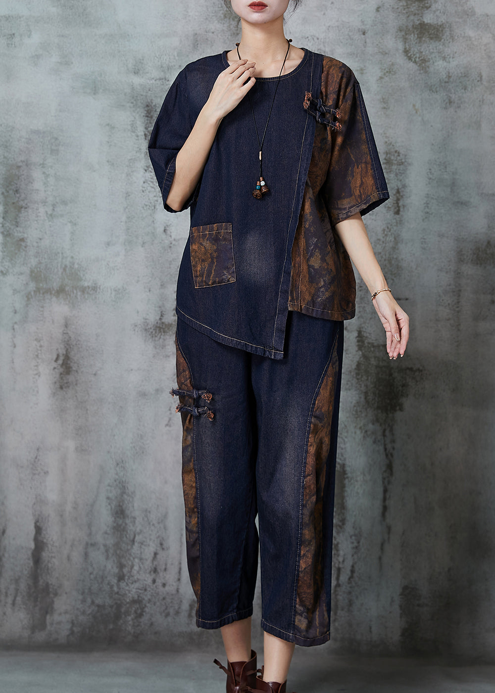 Navy Asymmetrical Patchwork Denim Two Piece Set Spring