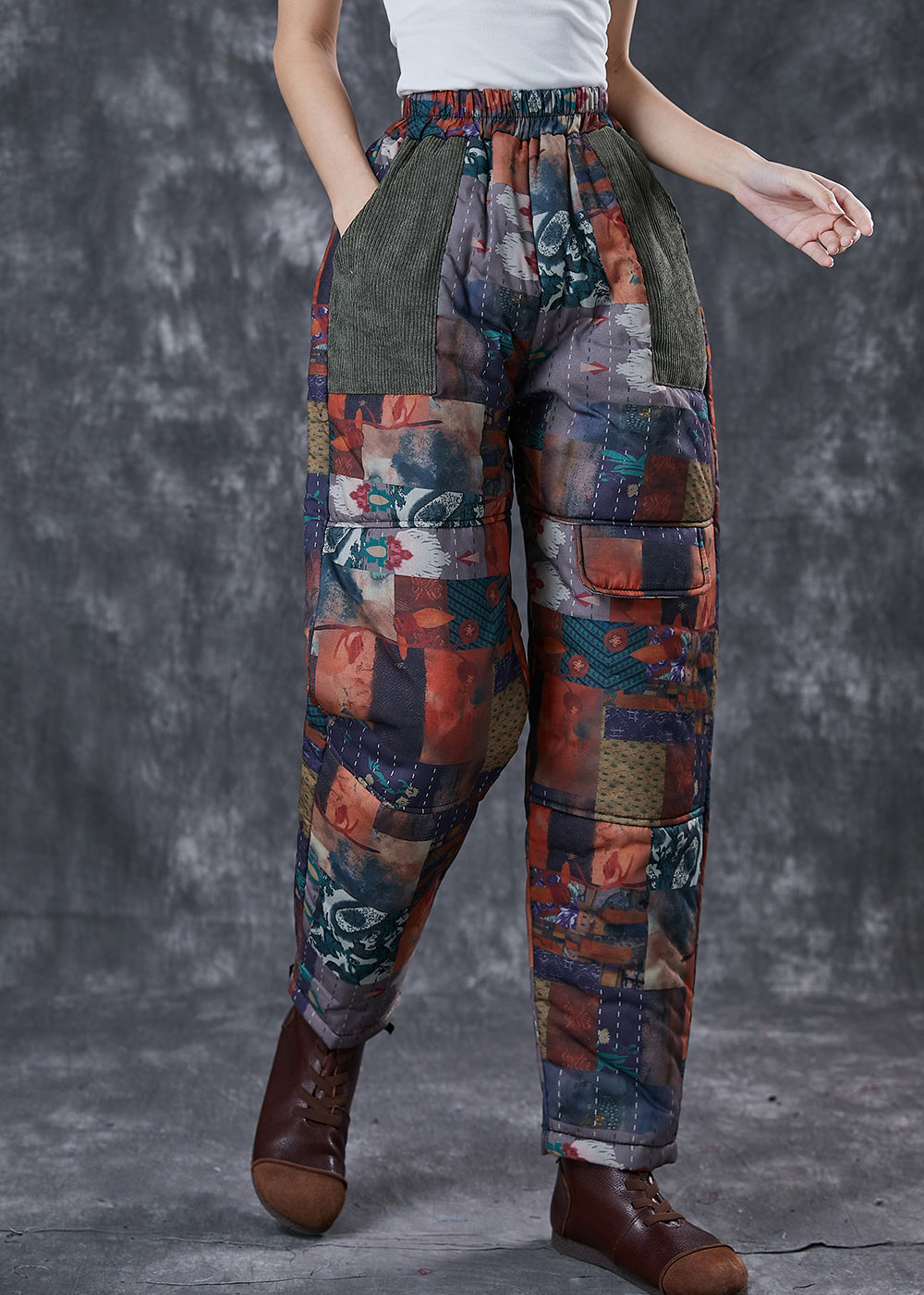 Black Print Thick Fine Cotton Filled Pants Pockets Winter