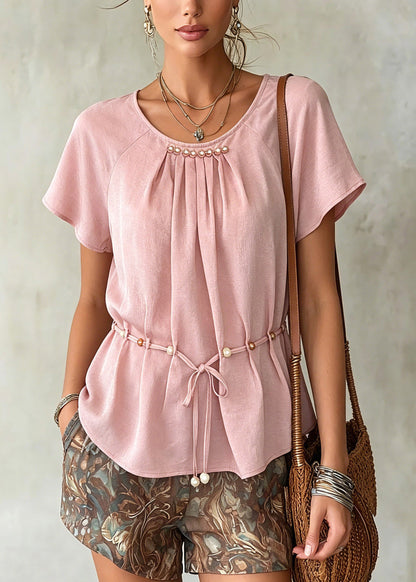 Pink Wrinkled Tie Waist Chiffon Shirts Summer