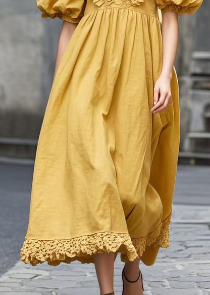 Yellow V Neck Wrinkled Cotton Ankle Dress Puff Sleeve