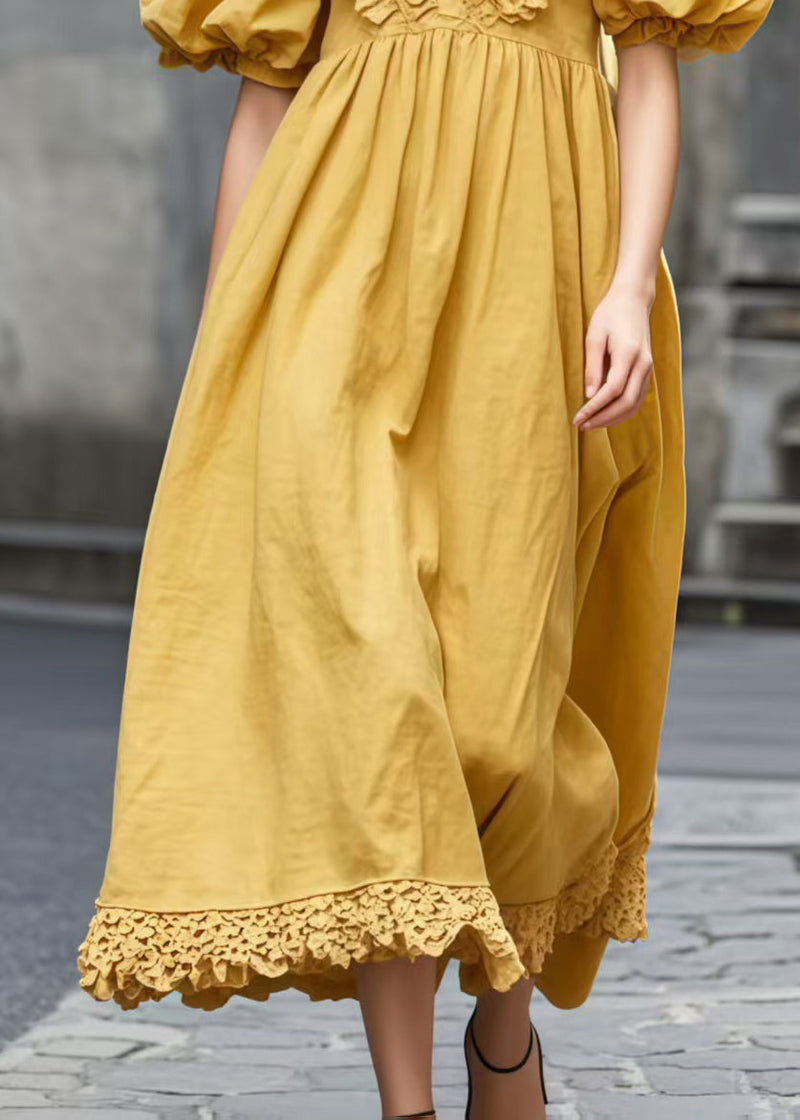 Yellow V Neck Wrinkled Cotton Ankle Dress Puff Sleeve