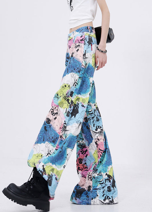 Pockets Cartoon Print Denim Wide Leg Pants Fall
