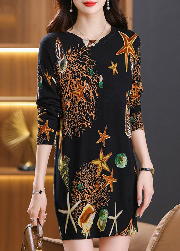 Red Print Woolen Mid Dress O Neck Spring