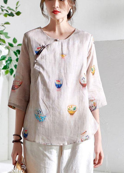 Beige Patchwork Print Button Summer Ramie Top