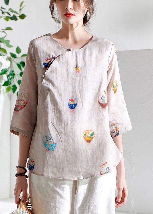 Beige Patchwork Print Button Summer Ramie Top