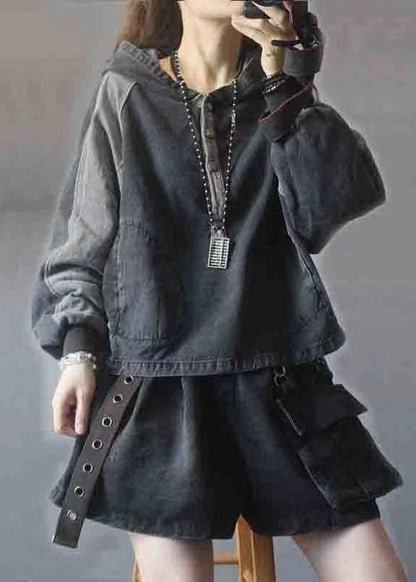 Black Hooded Patchwork Button Fall Denim Pullover Street Wear