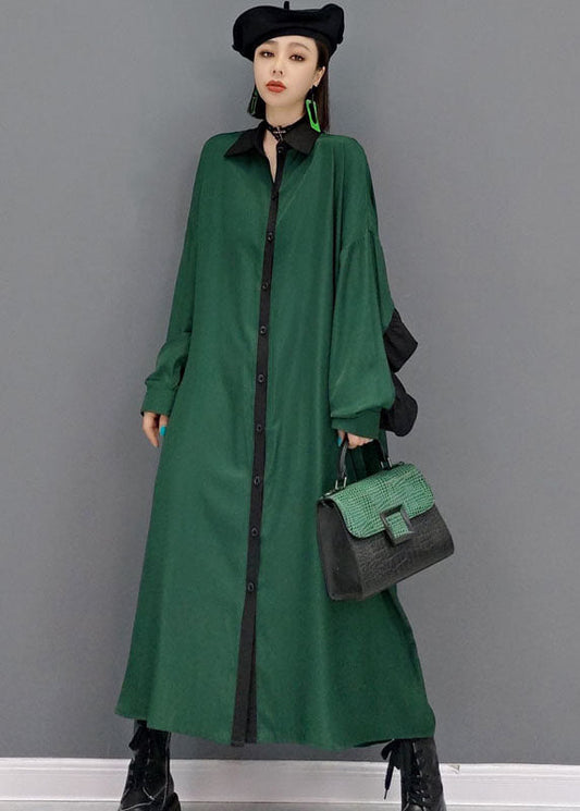 Loose Green Peter Pan Collar Patchwork Shirt Dress Spring